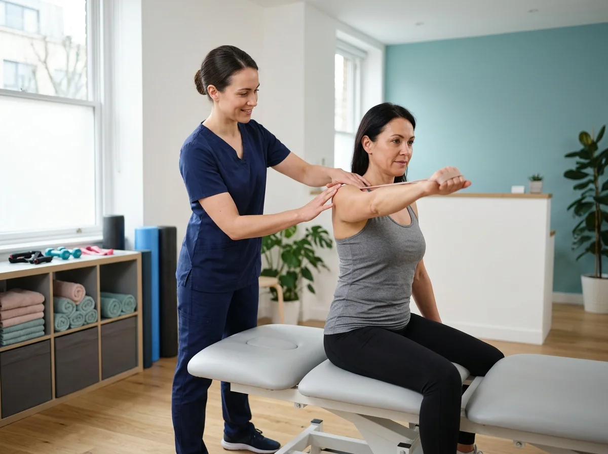 Physiotherapist guiding patient through shoulder rehabilitation treatment